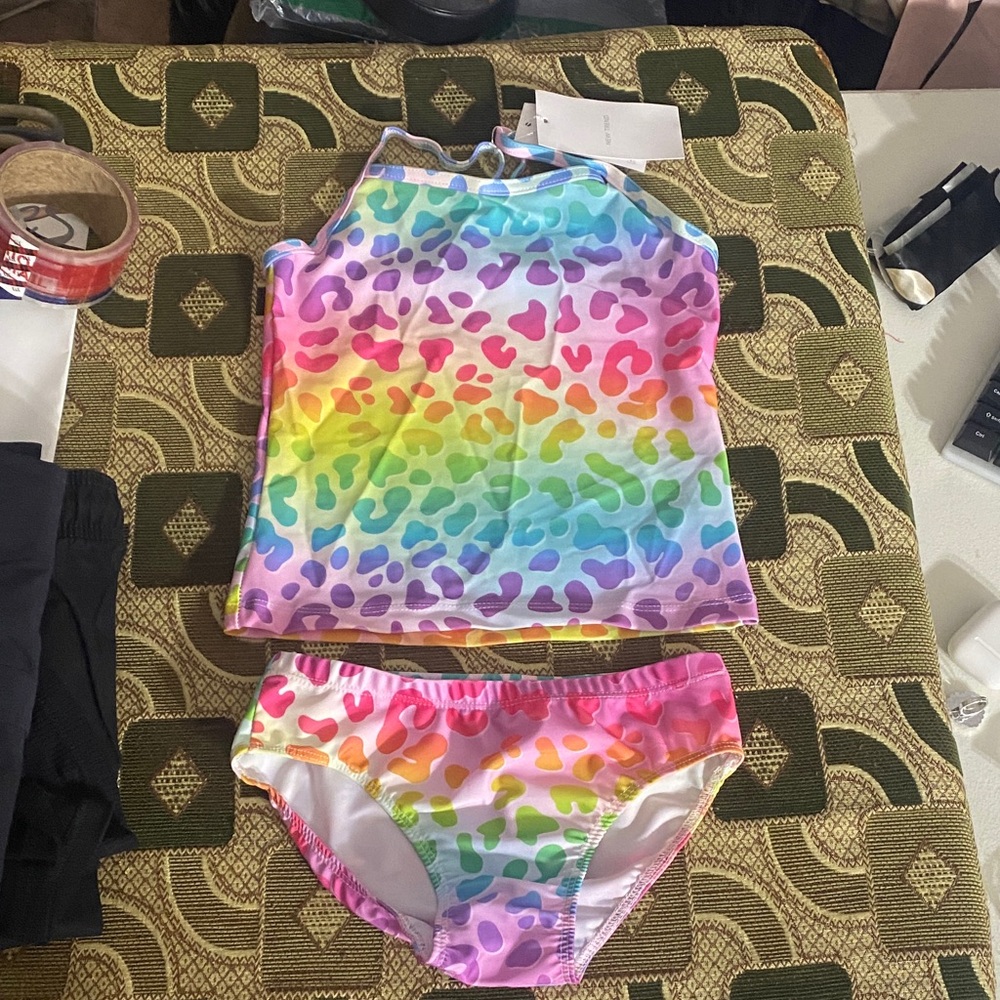 Girls Rainbow Leopard Print 2-Piece Swimsuit Set – Size 130